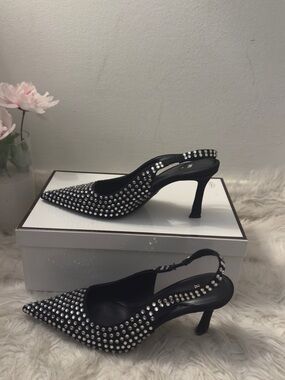 Zara Black Rhinestone Slingback Mules Crystal Heels Glam Evening Shoes Size:38